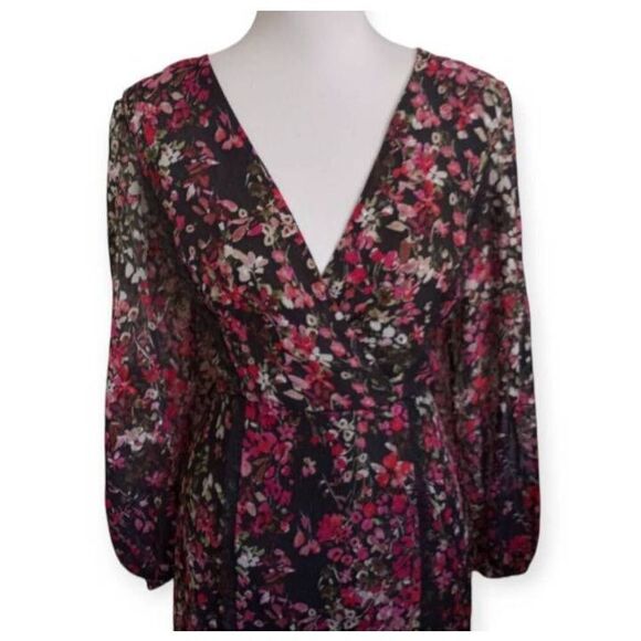 DANNY & NICOLE BLACK & PINK FLORAL MIDI DRESS SZ.10 EUC. - Picture 3 of 9